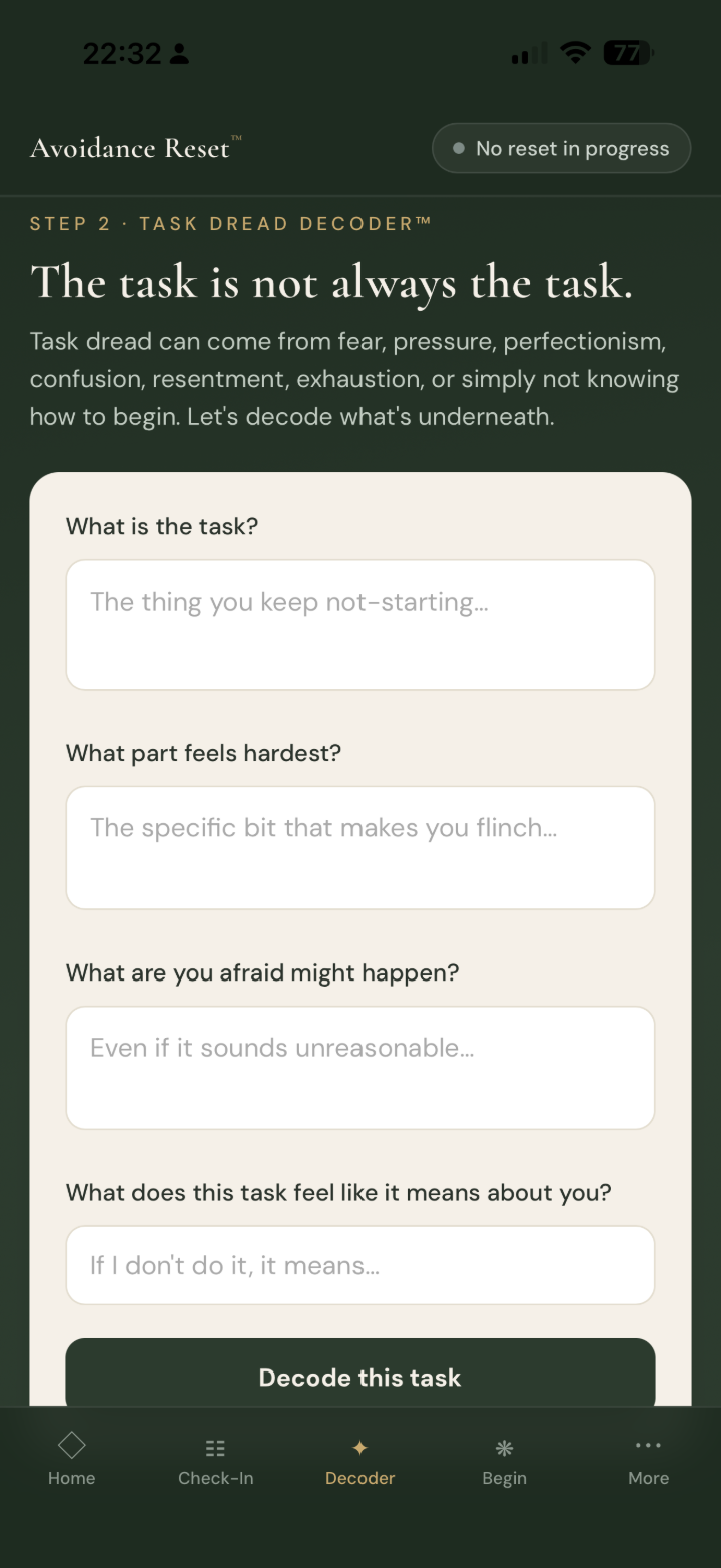 Task Dread Decoder™ in Avoidance Reset™ — a dreaded task being decoded into what feels hardest and why
